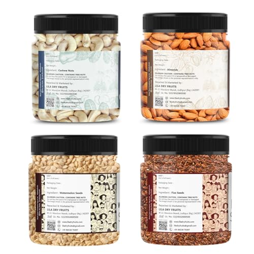Image of LILA DRY FRUITS Almonds Cashew Flax Seeds Watermelon Seeds Combo 100 Gms x 4 | Nuts & Seed Mix for Healthy Snacking, Daily Nutrition & Energy Boost Perfect for Gifting