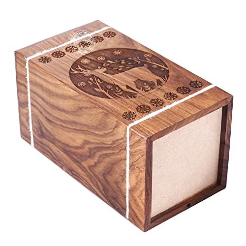 Image of Handcrafted Floral Engraved Wooden Urns for Human Ashes Adult Large - Buck Deer Cremation Urn for Ashes - Burial Urn for Columbarium - Funeral Urn Box (250 LB - Rosewood, Design-1)