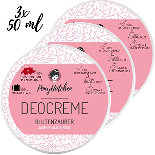 Preisvergleich Produktbild 3er SPARSET - PonyHütchen Deocreme ohne Aluminiumsalze + 3x 50ml Naturkosmetik Deo Creme + BIO + VEGAN + SWISS HANDMADE + ideal im Handgepäck + 100% natürlich wirksam -0% Aluminiumsalze (Blütenzauber)