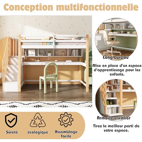 Gegtuon Etagenbett Bett 90x200 mit Tisch für Kinder, Kinderbett mit Stauraum Treppe & Regal, Hochbett Hausbett Bettgestell mit Lattenrost & Rausfallschutz für Kinderzimmer, ohne Matratze, Weiß&Natur