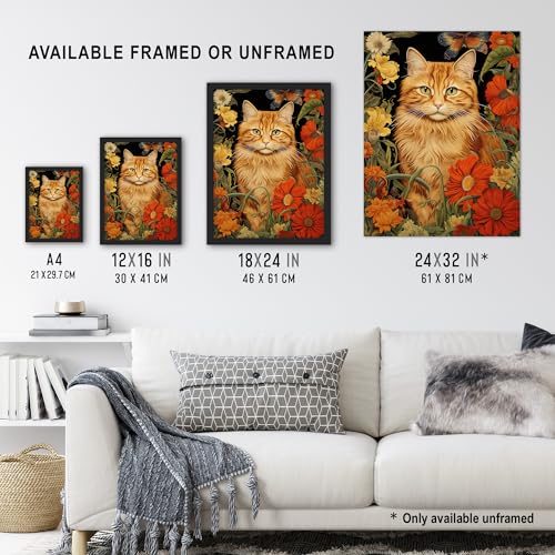 Artery8 Ginger Tabby Cat Floral Painting Orange Red Spring Flower Blooms Detailed Retro Style Low-Key Animal Portrait Art Print Framed Poster Wall Decor 12x16 inch - Image 3