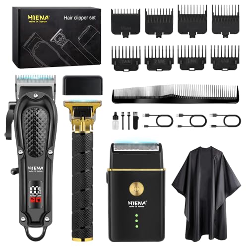 HIENA PRO Profi Haarschneidemaschine Set für Männer, Schnurloses Haarschneider, Barttrimmer, Folienrasierer Set, USB Wiederaufladbares Komplettes Elektrischer Haarschneide-Kit mit 8 Führungskamm