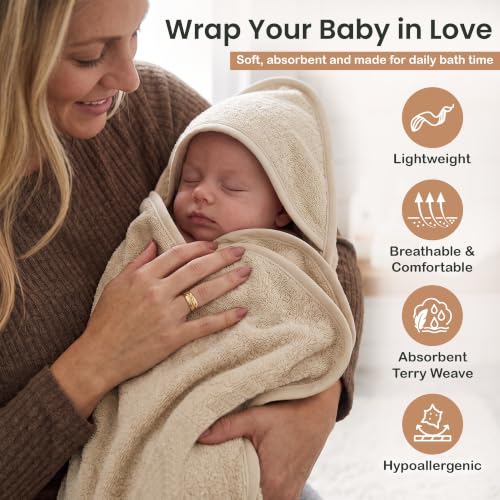 Image of 100% Organic Cotton Woven Hooded Baby Towels Absorbent 31x31 in | Oeko-TEX Certified, Bath & Hooded Towels, Baby Bath Towels, Hooded Towels For Kids, Ivory, Unisex Design, Soft plush feel