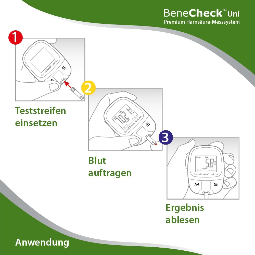BeneCheck Premium Harnsäure-Messgerät Starterset mit 10 Teststeifen, 10 Lanzetten und Zubehör