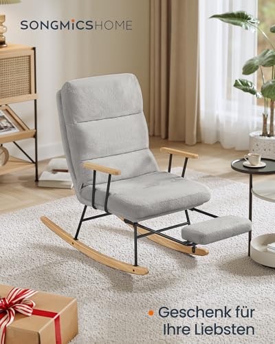 SONGMICS HOME Schaukelstuhl, Füße aus Kautschukholz, Schaukelsessel, Fleece Oberfläche, 4-Fach verstellbare Rückenlehne, bis 160 kg belastbar, für Schlafzimmer, Wohnzimmer, Taubengrau LYY016GD01