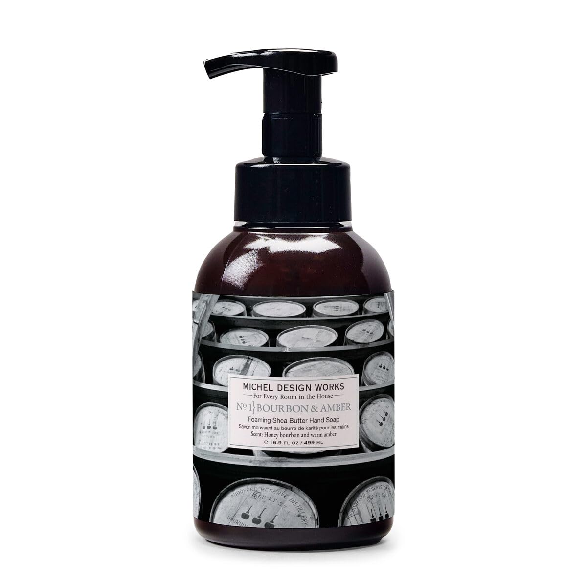 Michel Design Works Foaming Hand Soap 16.9oz, Bourbon & Amber Scent and Design, Shea Butter and Aloe Vera Blend, Beautiful Container with Pump