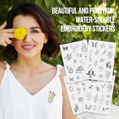Image of Spritewelry 60 Pcs Bird Water Soluble Embroidery Stabilizers, Flower Stick and Stitch Transfer Embroidery Paper Wash Away Adhesive Stabilizers for Hand Sewing Lover Beginners