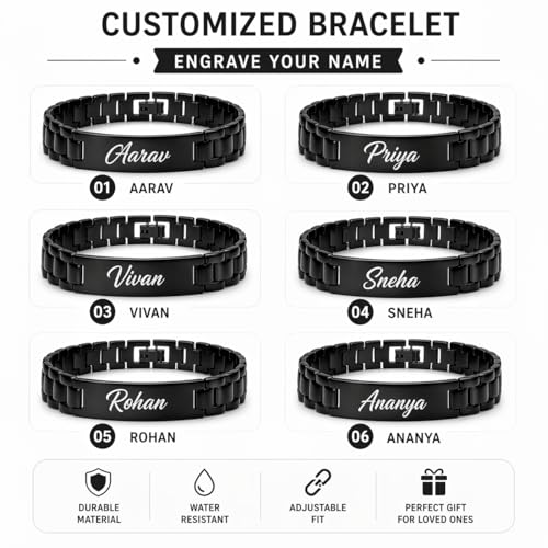Image of Personalized Name Engraved Bracelet for Men & Women | Stainless Steel Chain Link Bracelet | Custom Name & Inspirational Text | Durable & Adjustable