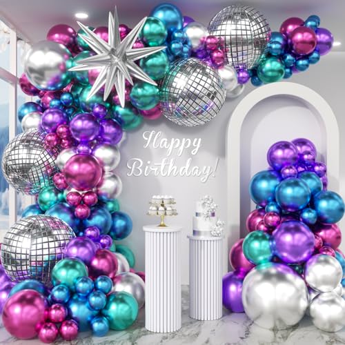 Image of Disco Balloons Garland Arch Kit - 22 18 12 10 5 inch Metallic Purple Blue Hot Pink Green Silver Chrome Disco Balloon with for Birthday Sing Themed 70S 80S 90S Bachelorette Party Decorations