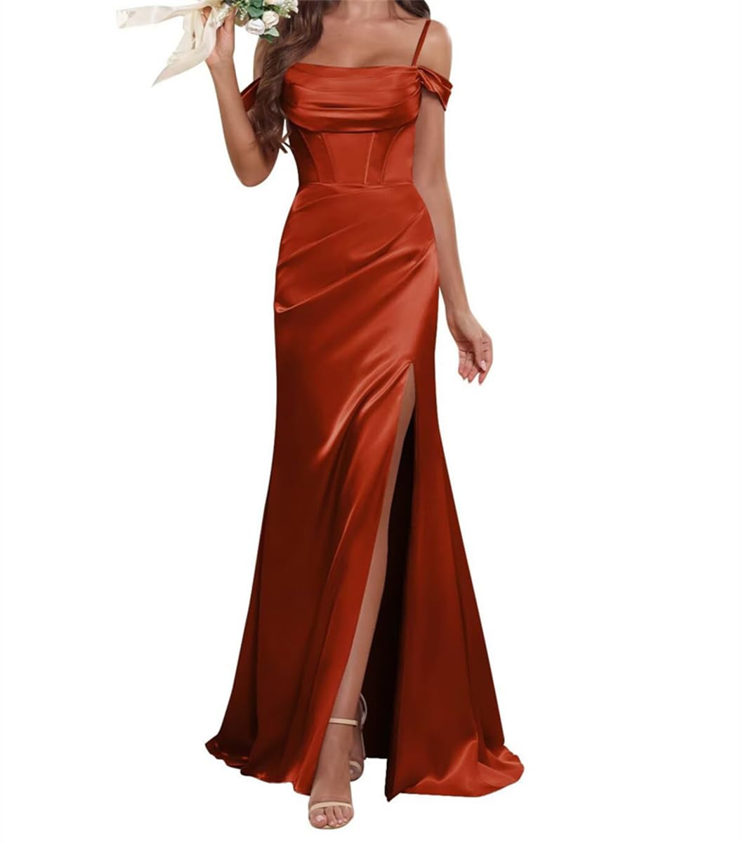 Wseyu Women's Burnt Orange Satin Bridesmaid Dress For Wedding With Slit Prom Gowns Pleats Cocktail Dresses Plus Size Uk10
