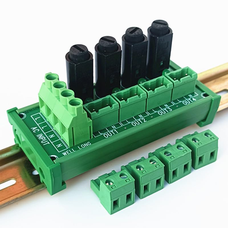 DIN Rail Mounted AC 24-250V 4 Channel Pluggable Terminal Block Distribution Fuse Module.