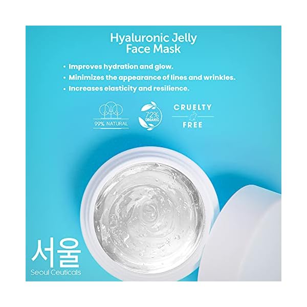 Korean-Skin-Care-Hyaluronic-Acid-Jelly-Mask--Korean-Face-Mask-Skincare-K-Beauty-Face-Masks-Contains-Rice-Bran-Rosehip-Vitamin-B5--Anti-Aging-Spa-Hydro-Gel-Face-Mask-for-Plump-Glowing-Skin-2oz SeoulCeuticals Korean Skin Care Hyaluronic Acid Jelly Face Mask â Rice Bran + Vit B5 + Rosehip Anti Aging K Beauty Skincare for Plump Glowing Skin 2oz