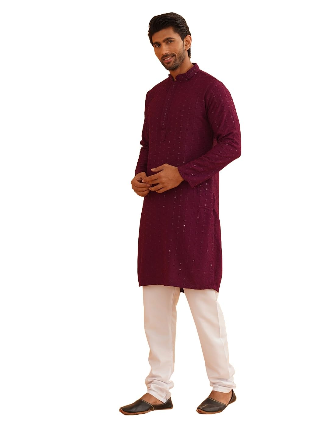 Sojanya (Since 1958 Men's Sequinned Embroidered Purple Cotton Kurta And White Pyjama Set