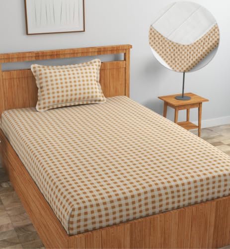 Image of NHD HOME Premium Microfiber Elastic Fitted Bedsheets with 1 King Size Pillow Covers | Single Mattress Bed with All Around Elastic 200 TC Supersoft | Size - 72 x 36 +6 inches | Latte Checks