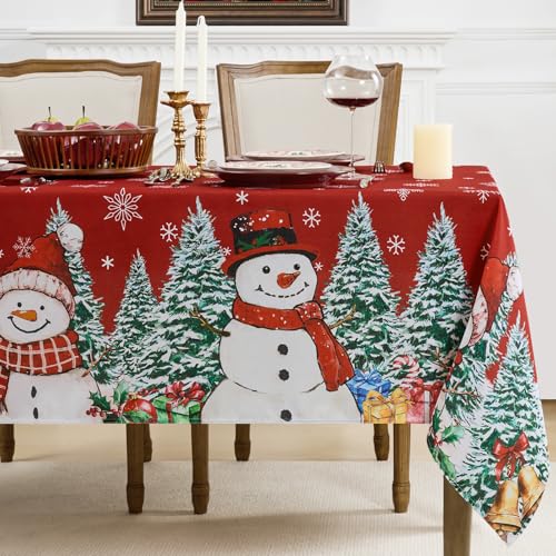 Romanstile Red Christmas Tablecloth, Printed Winter Snowman and Xmas Tree Design Rectangle Table Cloths, Holiday Decorative Stain-Resistant Table Covers for Dining Room Party Decor - 60 x 84 Inch