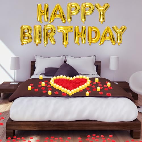 Image of Red and Gold Happy Birthday Balloons Decorations Happy Birthday Letter Balloons Banner with 24pcs Flameless LED Candles and 2000pcs Artificial Rose Petals for Women Men Room Party Decorr
