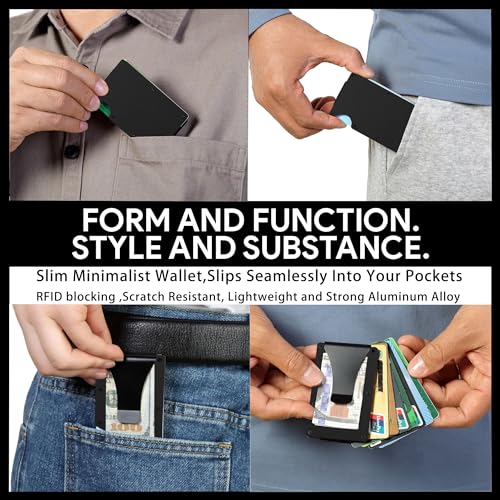 Image of Minimalist Wallet for Men, Slim Metal RFID Blocking Wallet Credit Card Holder Money Clip & Cash Strap, Scratch-Resistant Holds 15 Cards,Ideal Gift for Men | Matt Black