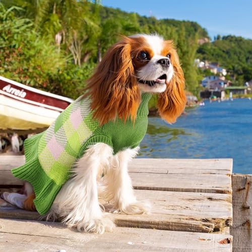 Image of Dog Sweater Dress Plaid Knitwear for Small Medium Dogs Warm Puppy Pet Turtleneck Stretch Pullover Cute Fall Winter Vest Clothes with Leash Hole for Christmas (Green, L)