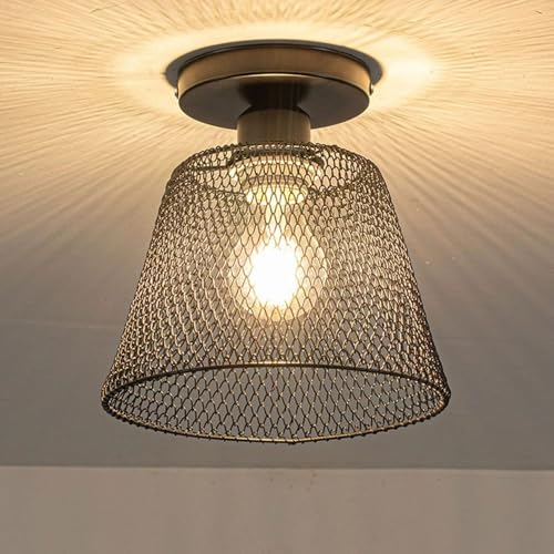 HCIPJQY Pantalla De Malla Industrial Semiempotrada Pantalla De Tambor De Jaula De Alambre Cubierta De Luz De Techo De Diseño Moderno Estilo Rústico Cerca Del Techo Para Techos Bajos Dormitorio