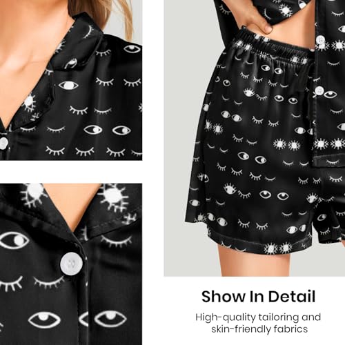 Image of Funny Pajamas for Women Set Print Satin Loungewear Pjs Short Sleeve Button Down Top and Shorts Sets Sleepwear XS-3XL