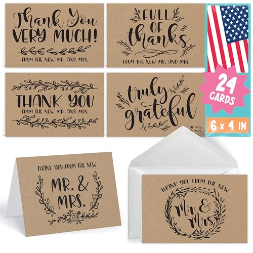 Cartes de remerciement mariage plein de gratitude avec enveloppes Mr & Mrs