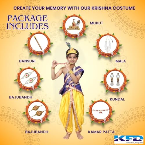 Image of Kaku Fancy Dresses Krishna Costume With Dhoti For Boy /Janmashtami /Bal Gopal Dress /Kanha Costume /Bal Krishna /Mythological Costume For Boy - Yellow-Red, 1-2 Years