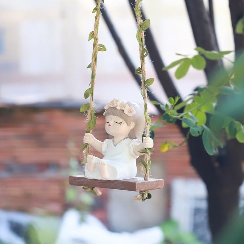 Image of The Decorshed Cute Girl Swing Idol Figurine - White | Decorative Resin Cute Idol of Girl On Jute Rope Swing | Home Decor Item | Ideal for Gardens, Balconies, Windows & Kids Room