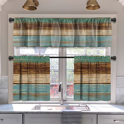 Mcalk Teal And Brown Kitchen Curtains Tiers And Valances Set 3 Piece For Windows Farmhouse Kitchen Window Curtains Set,Wooden Texture Valances For Living Room(36" Tiers Set) #TOP18