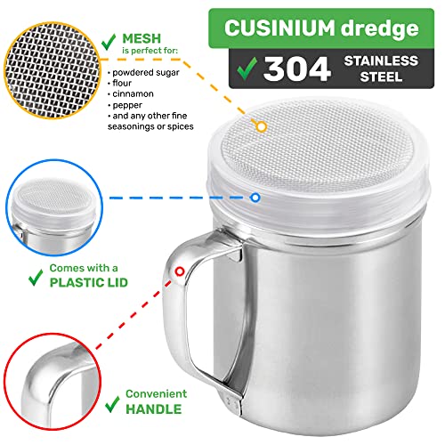 Cusinium Powdered Sugar Shaker Duster - With Handle - Cinnamon Shaker For Coffee Bar - Fine Mesh Dredge - 10 Ounce, Pack Of 2 | Style: Fine #TOP2