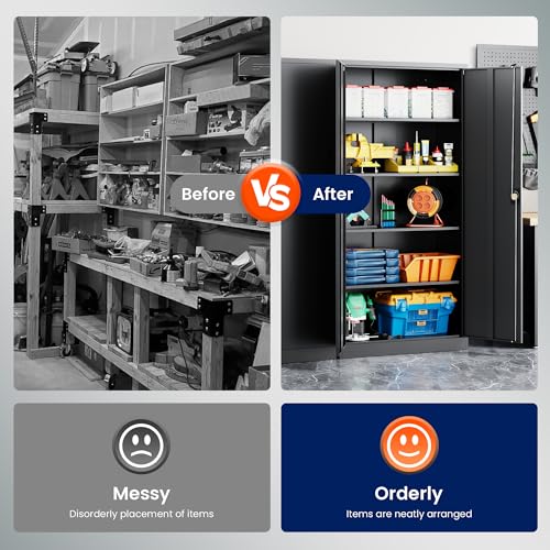 Image of Yizosh Metal Garage Storage Cabinet with Lock Doors and 4 Shelves, -72 inch Steel Tool Cabinet for Garage,Heavy Duty File Cabinet for Office,School (Black)