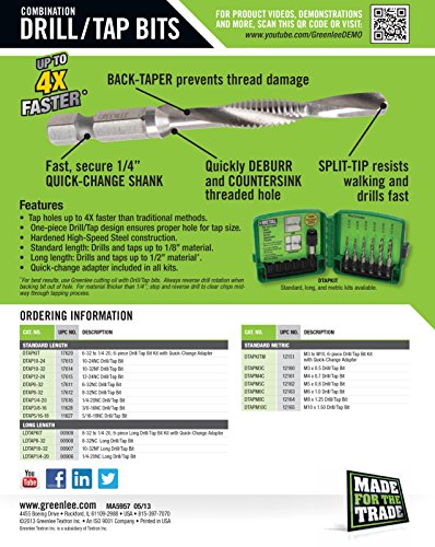 Greenlee Ldtapkit Drill/Tap/Countersink Set, Hss, 7 Pcs., 8-32 To 1/4-20 #TOP4