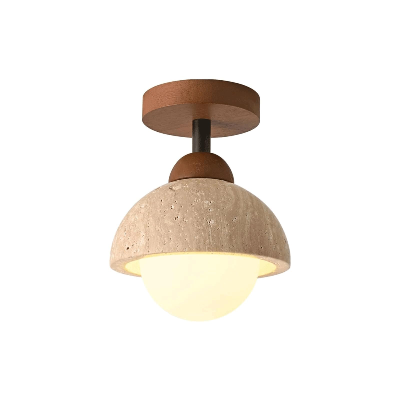 BKEKM Natural Travertine Semi Flush Mount Ceiling Light with Walnut Base, Modern Wabi-Sabi Globe Light Fixture Japanese Close To Ceiling(Walnut)