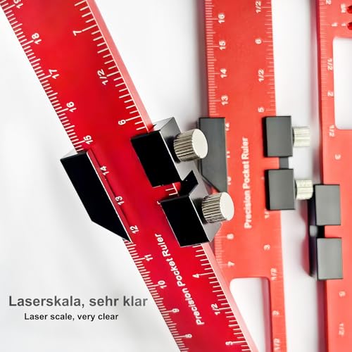 FORTSPANG 3 Stück Metall-Streichmaß für Holzbearbeitung, Verstellbar, 16/21/30 cm (6/8/12 Zoll), Präzisions-Schieberegler zum Markieren von 45° & 90° Winkeln, Zoll & Metrisch für Heimwerker (Rot)