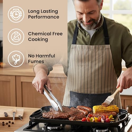 nuovva Cast Iron Griddle Pan for Gas Hob and BBQ Griddle pan Double Sided Pre-Seasoned, Grill Tray, for Healthy and Delicious Cooking, Flat and Ridged Surfaces 50 x 25cm - 9