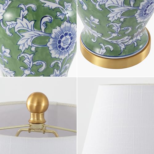 Image of JONATHAN Y 22 inch Green /White Ceramic Table Lamp, French Country Chinoiserie Ginger Jar LED Bedside Lamp for Living Room Bedroom, White Linen Shade (JYL3005E)