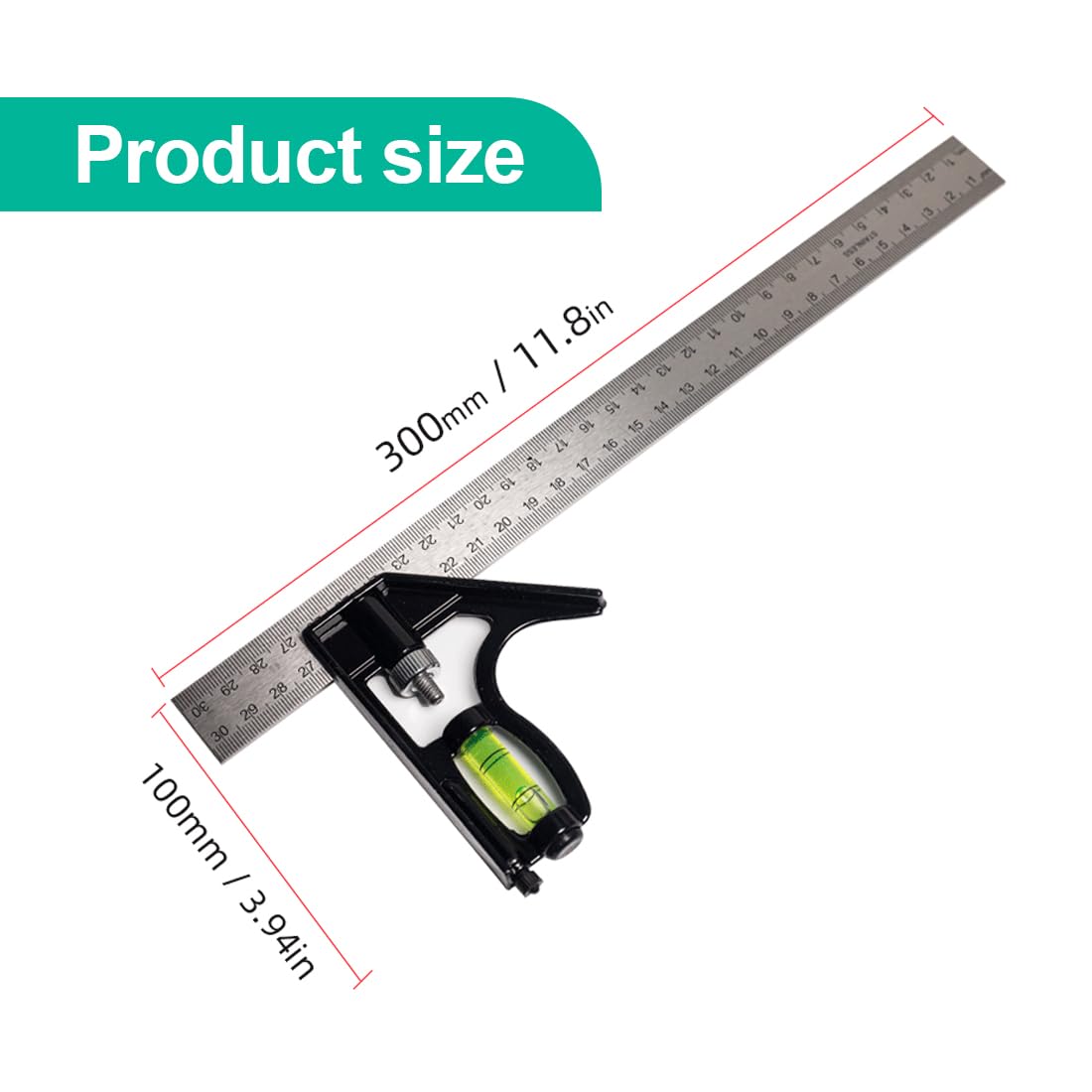 IKOPFLN Squadra Combinata Regolabile Utensili da Carpenteria Quadrati Combinati in Acciaio Inossidabile da 12 '/300 mm Righello da 45/90 Gradi con Livella a Bolla
