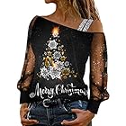 Weihnachts Tshirt Damen Sexy Schulterfrei Glitzer Mesh Langarmshirt Weihnachtspullover Festliche Oberteile Pullover Lustig Langarm Shirt Weinglas Bluse Tops Elegant Weihnachtsbluse (X2-G, XXL)