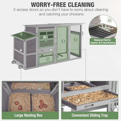 Image of Mobile Chicken Coop with Run, Large Wooden Hen House Poultry Cage with Wheels, Weatherproof Roof, Sectionable Nesting Box, Pull-Out Tray for 3-5 Chickens, 74.9 inch L x 26 inch W x 39.4 inch H (Grey)
