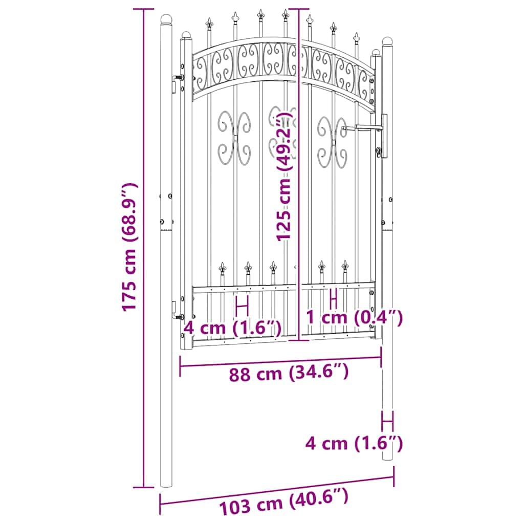 Kampen Portail de clôture avec pointe de lance, noir, 103 x 125 cm, en acier revêtu par pulvérisation, porte de jardin avec partie supérieure bombée et serrure de sécurité