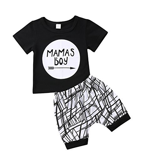 Baby Boys Outfit Mamas Boy Pint Short Sleeve T-Shirt+Striped Leggings Pants Clothes Sweatsuit Set (Black, 0-6 Months)