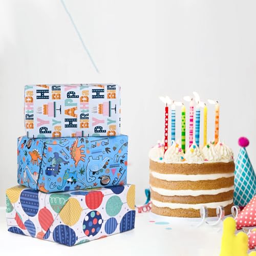 CHEPULA Geschenkpapier Geburtstag Kinder 5 Rollen, 43 x 300 cm Geschenkpapierrollen Junge, Recycelbar Geschenk Papier Birthday Gift Wrapping Paper für alle Geburtstagsanlässe