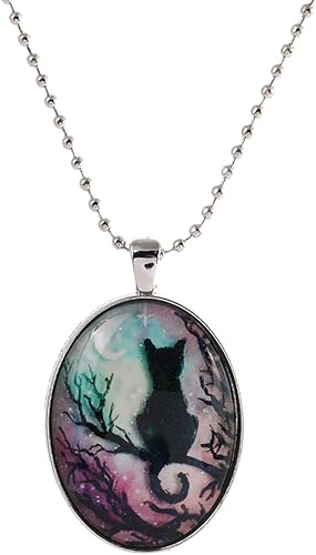 Collar con colgante de gato y luna Collar con colgante de marco ovalado gótico vintage, joyería de bruja mística, accesorios de regalo