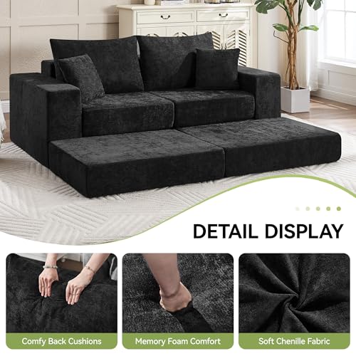 Image of 79 inch Boneless Loveseat Sofa Couch, Modular Foldable Floor Cloud Sofa with Ottoman, Lounge Convertible Sofa Bed for Living Room, No Assembly, Chenille Black