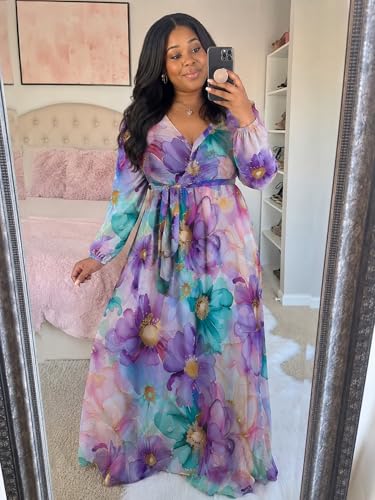 Image of PinkPatty Women's Long Sleeve Maxi Dress Plus Size Trendy Wedding Guest Dress with Pockets&Belt