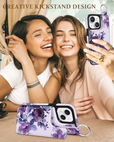 Shorogyt for iPhone 14 Wallet Case, Purple Flower - image 6