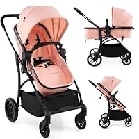 INFANS 2 in 1 Baby Stroller, Convertible Stroller with Bassinet Reversible Seat Adjustable Backrest Canopy One Hand Fold, Compact Toddler Pushchair for Kids Infants Newborns 0-36 Months (Pink)