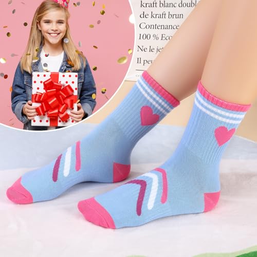 Jspupifip 6 Pairs Kids Athletic Socks, Girls Socks with Retro Hearts Stripes, Sport Crew Sock for Youth Teen Girls 9-13 Years Old4