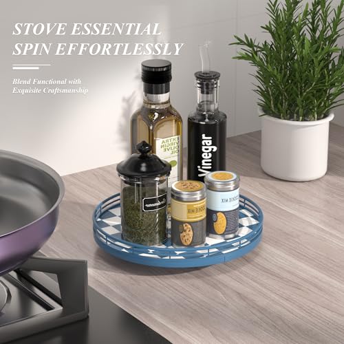 Image of Premium Rubber Wood Lazy Susan Turntable, Blue White Checkerboard Decorative Serving Tray, Hand-Welded Metal Railing, Stable Rotating Organizer for Dining Table, Kitchen Counter, Coffee Table Decor