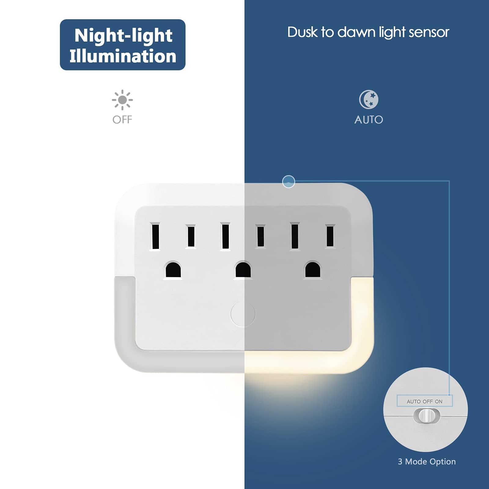 Mehrfachsteckdosenadapter, Steckdosenleiste mit Lichtsensor, Steckdosenleiste mit warmem Nachtlicht, für Zuhause, Büro, Hotel, Reisen, Weiß (1 Stück)