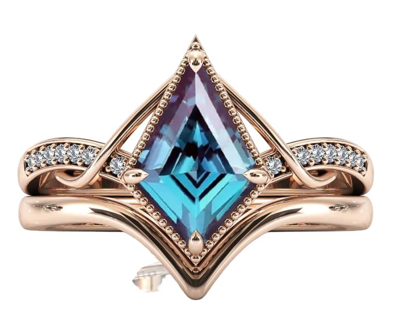 Kite Shaped Alexandrite Engagement Ring Set 14k Gold Alexandrite Art Deco Wedding Ring Set Vintage Alexandrite Bridal Anniversary Ring Set (QS-AL-72)